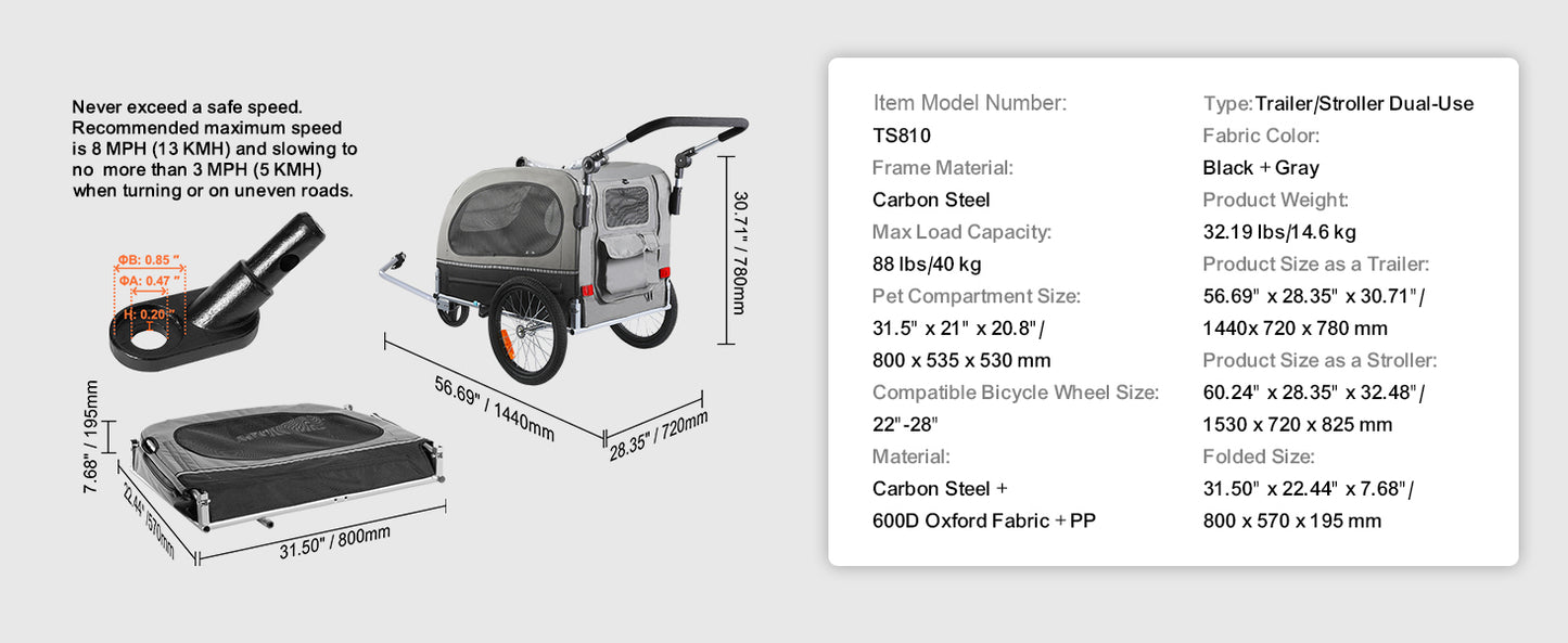 SucceBuy 2-in-1 Pet Stroller & Bike Trailer – Foldable Dog Cart with Reflectors, Wheels & Bicycle Coupler (88 lbs Capacity)
