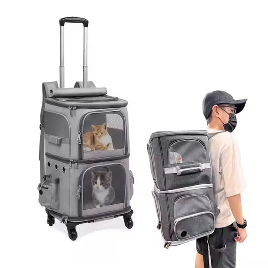Double-Layer Pet Trolley Bag – Foldable Oxford Cloth Cat & Dog Travel Carrier with Large Space