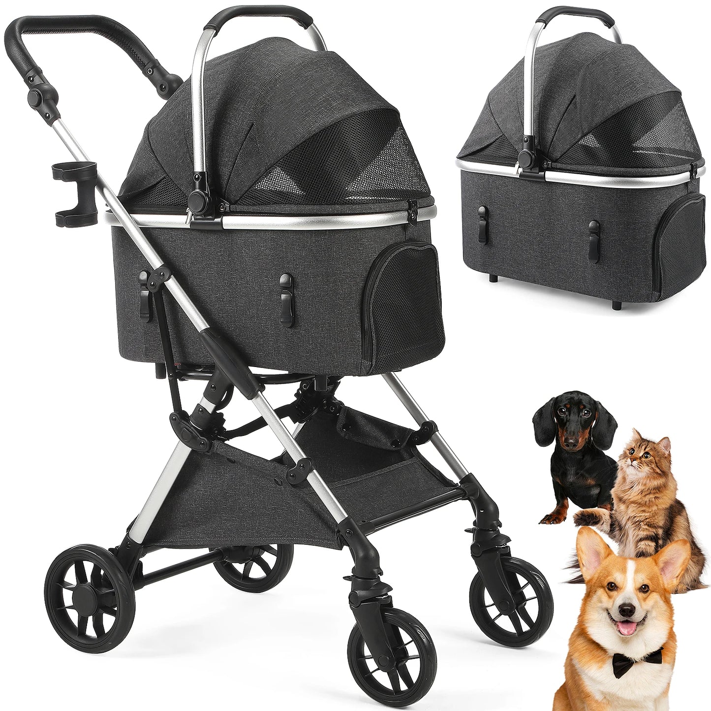Foldable 4-Wheel Pet Stroller – Portable Dog & Cat Travel Carrier up to 50 lbs with Detachable Storage Bag