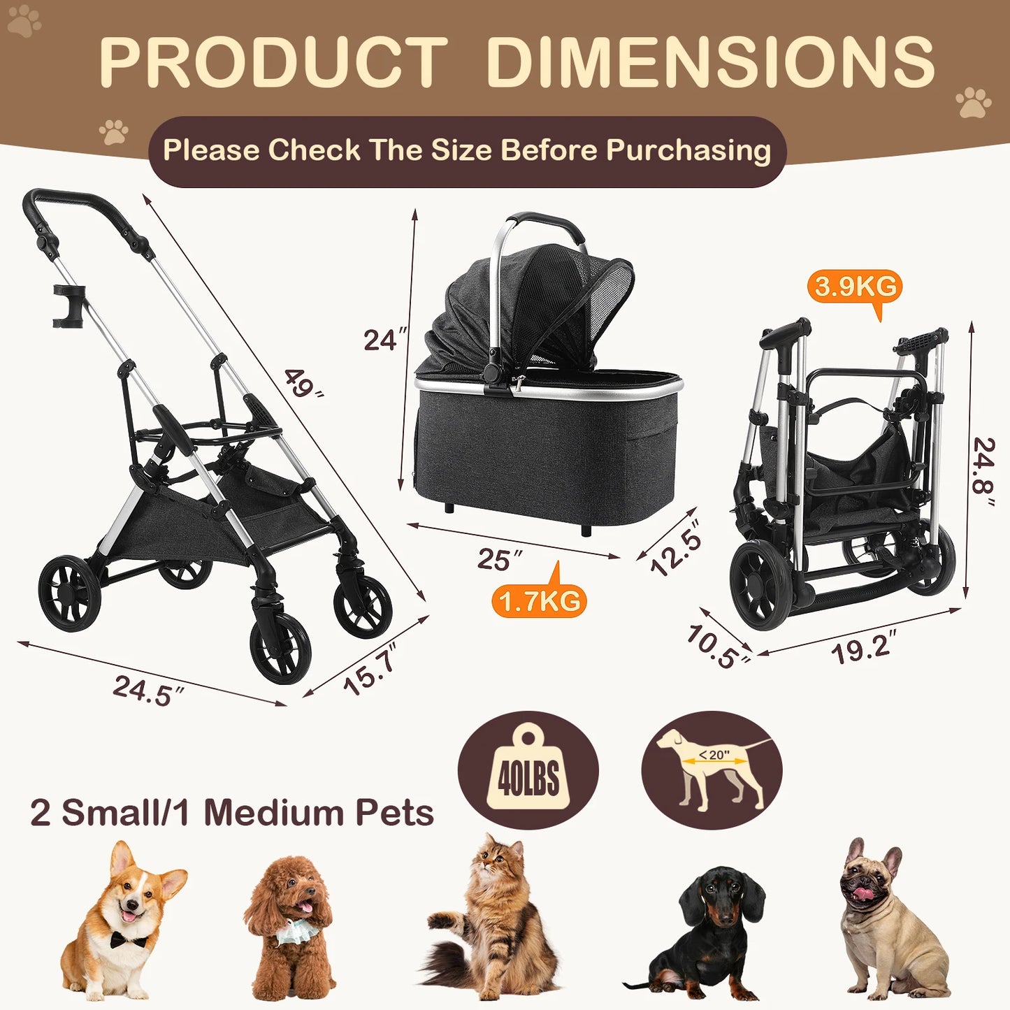 Foldable 4-Wheel Pet Stroller – Portable Dog & Cat Travel Carrier up to 50 lbs with Detachable Storage Bag