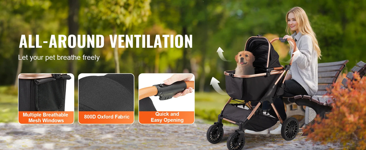 SucceBuy Foldable Pet Stroller – 66 lbs Dog & Puppy Carrier with Brakes and Storage Basket