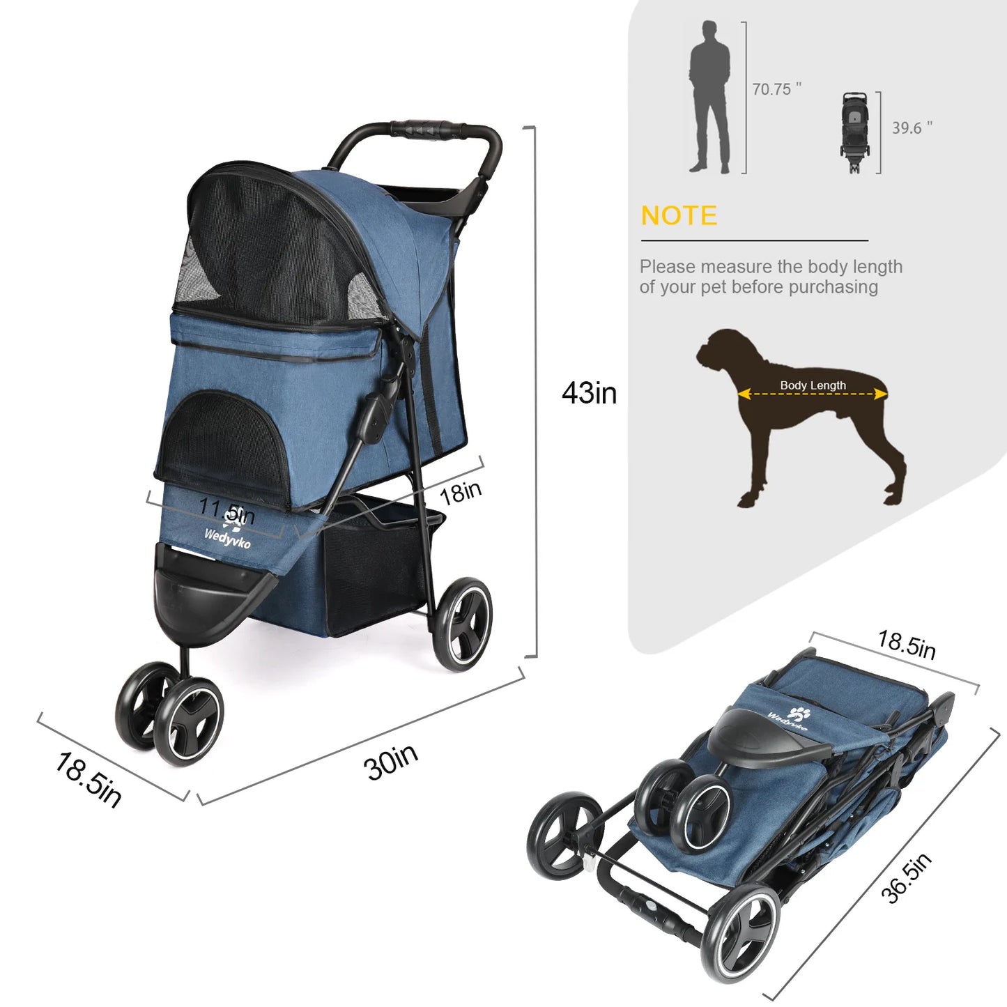 Foldable Luxury Pet Stroller – Three-Wheeled Universal Dog Cart for Outdoor Travel