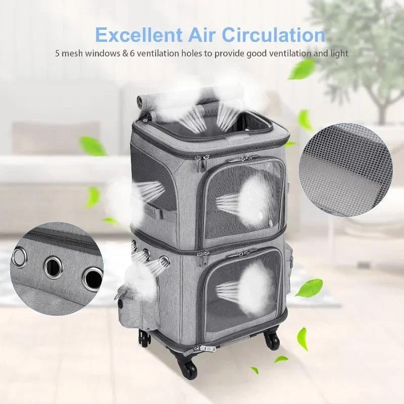 Double-Layer Pet Trolley Bag – Foldable Oxford Cloth Cat & Dog Travel Carrier with Large Space