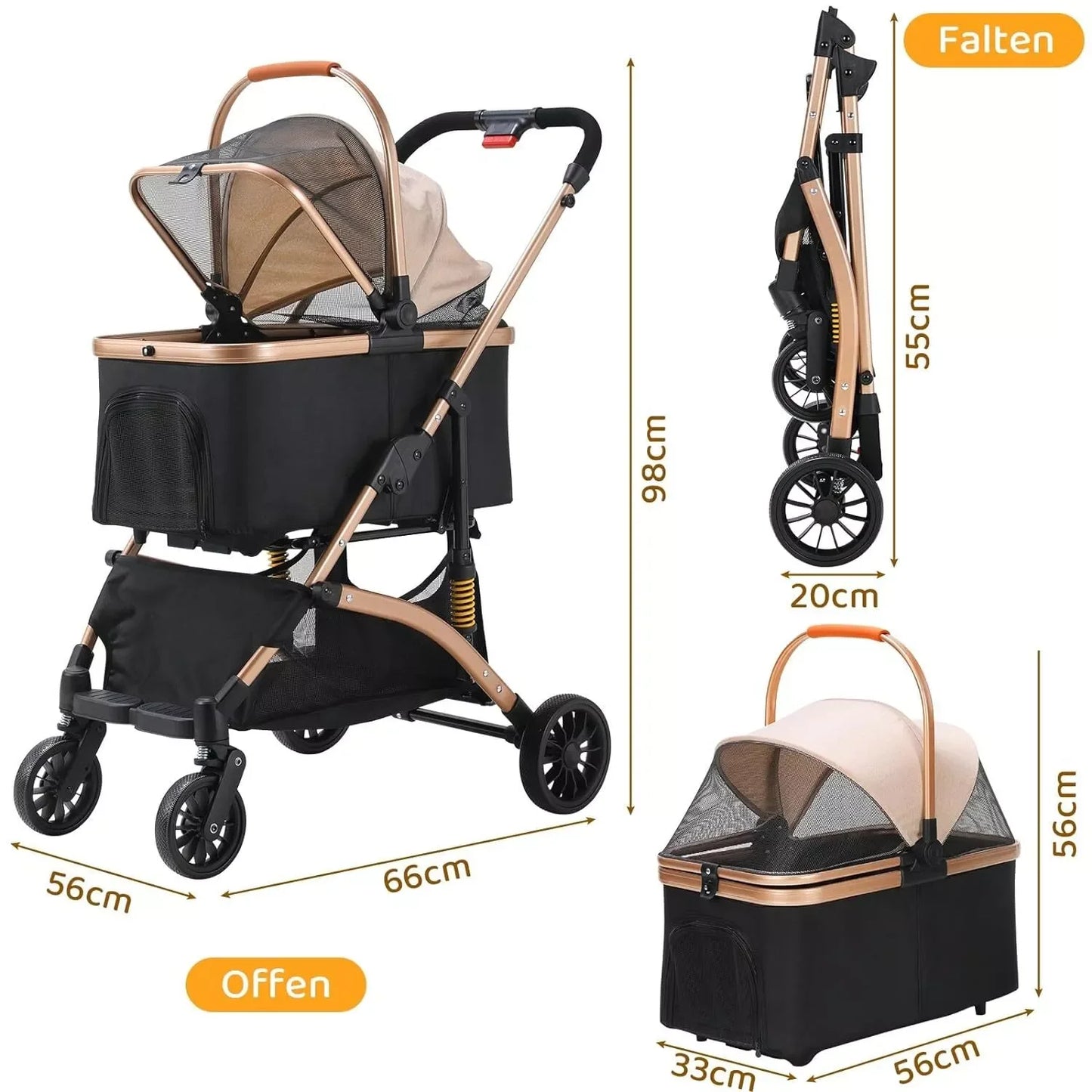 2 in 1 Dog Buggy & Cat Stroller – Foldable Pet Transport Box with 360° Rubber Wheels & Storage Basket