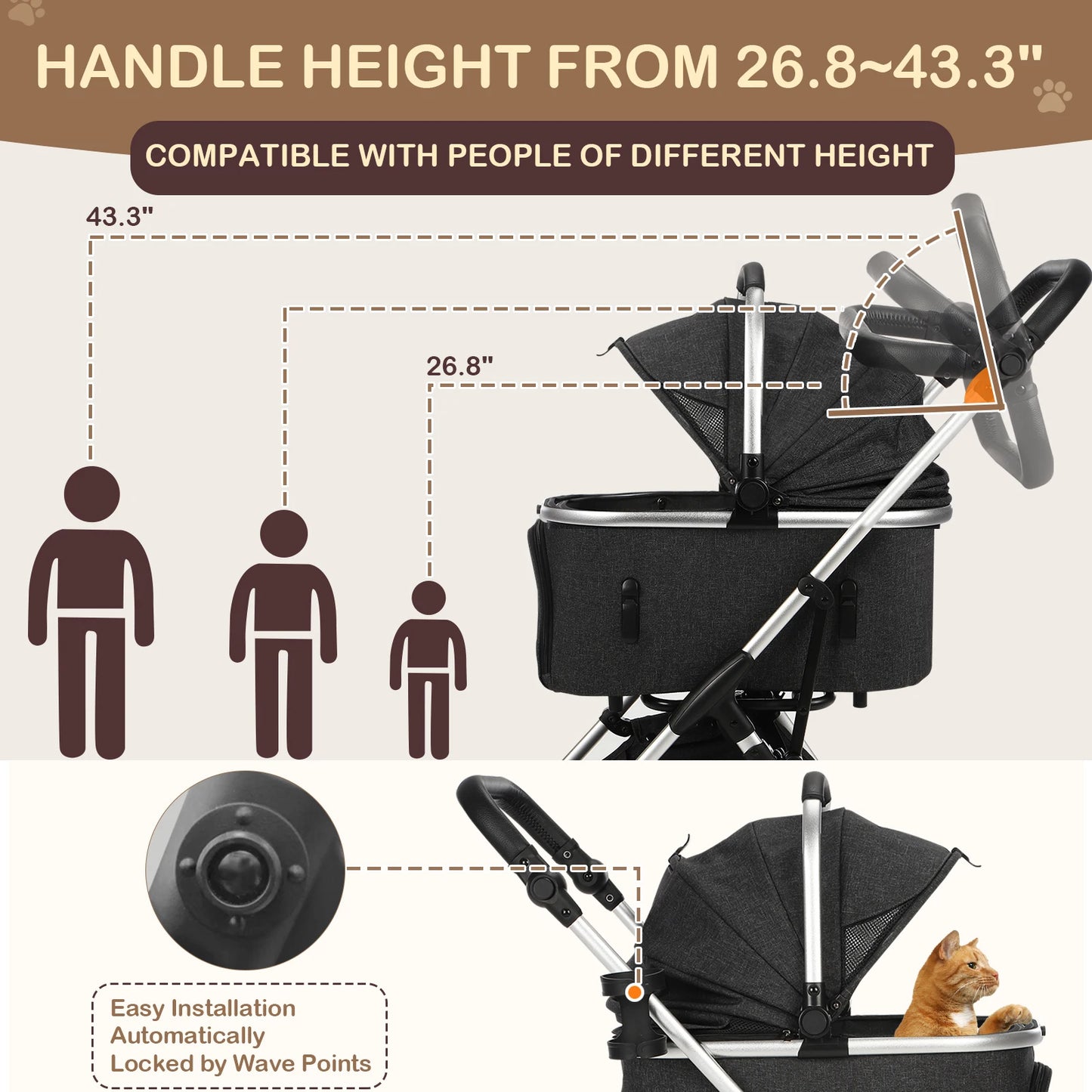 Foldable 4-Wheel Pet Stroller – Portable Dog & Cat Travel Carrier up to 50 lbs with Detachable Storage Bag