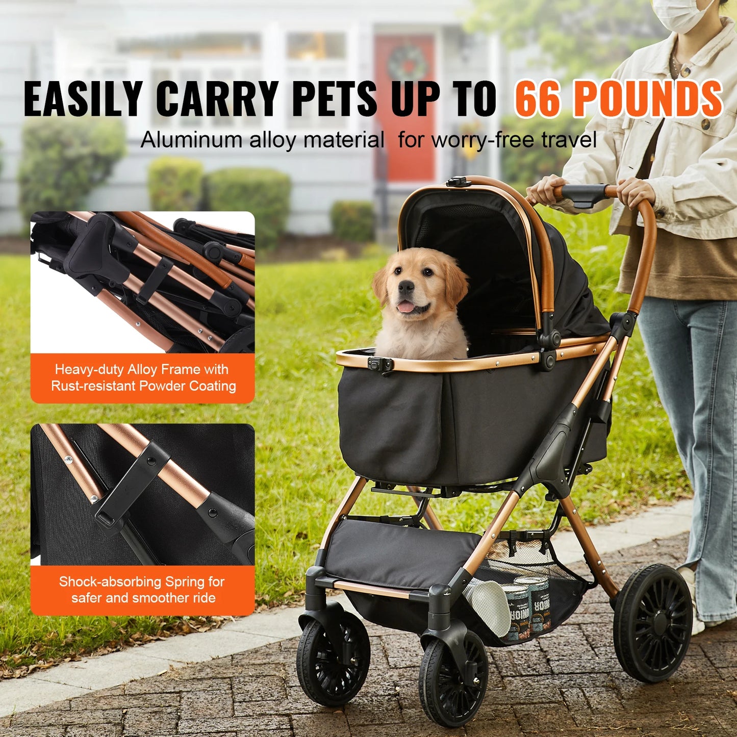 SucceBuy Foldable Pet Stroller – 66 lbs Dog & Puppy Carrier with Brakes and Storage Basket
