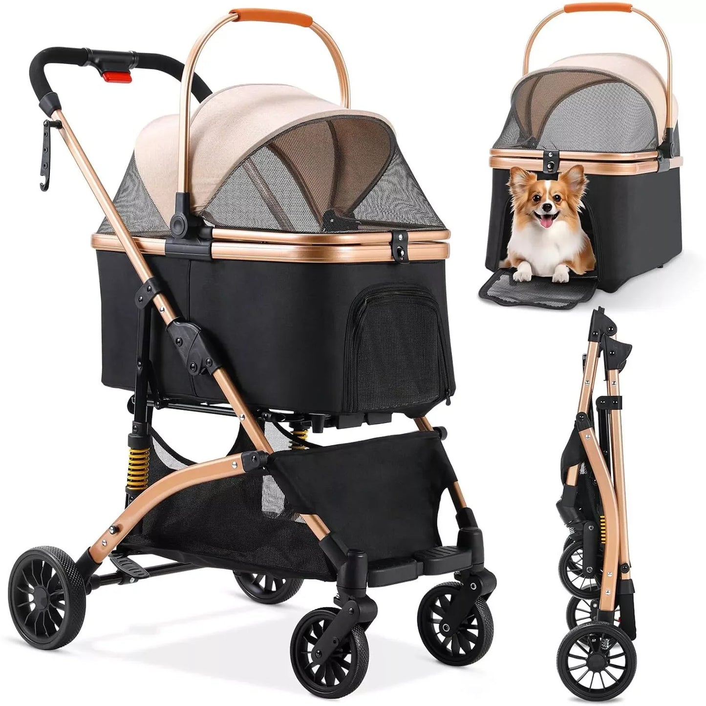 2 in 1 Dog Buggy & Cat Stroller – Foldable Pet Transport Box with 360° Rubber Wheels & Storage Basket