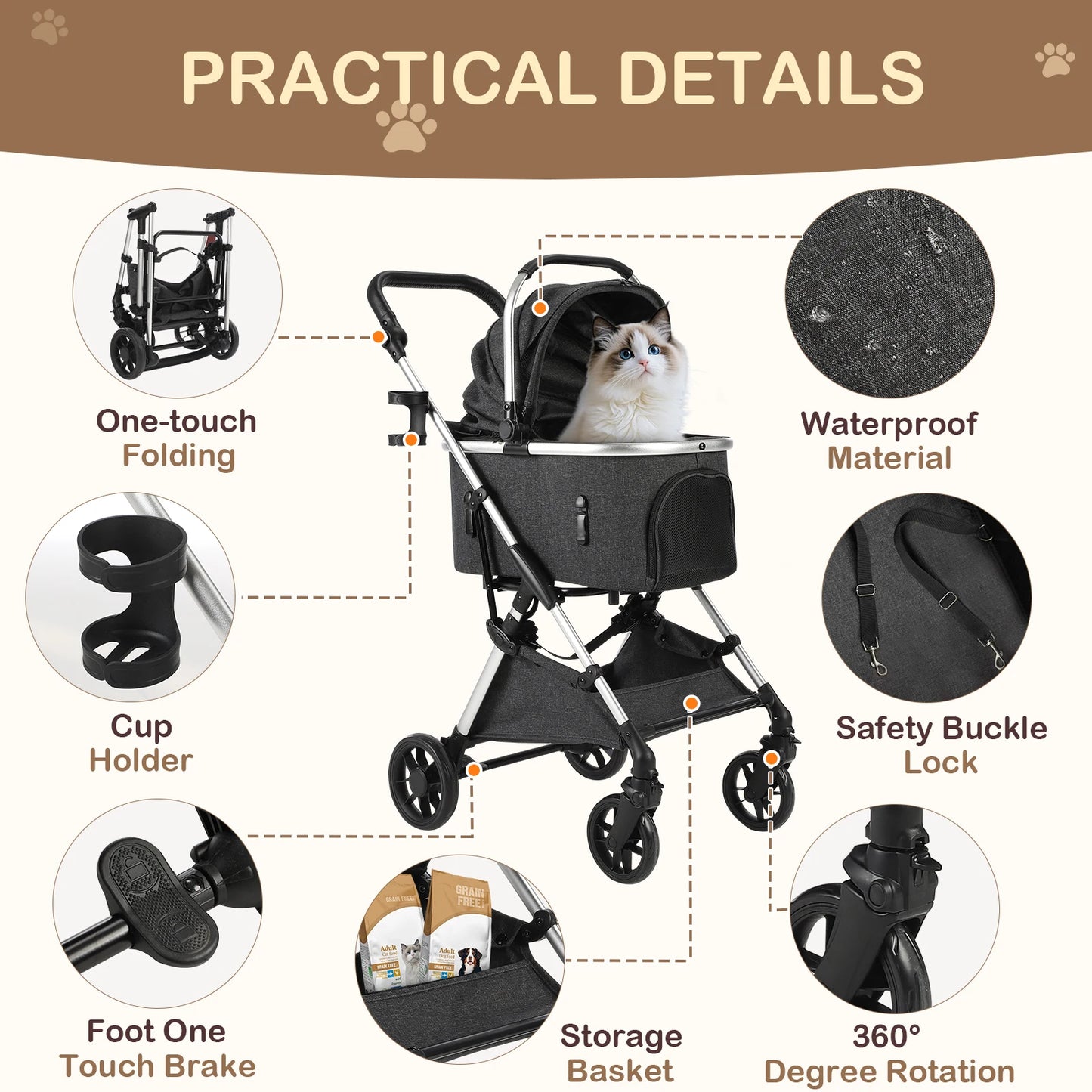 Foldable 4-Wheel Pet Stroller – Portable Dog & Cat Travel Carrier up to 50 lbs with Detachable Storage Bag