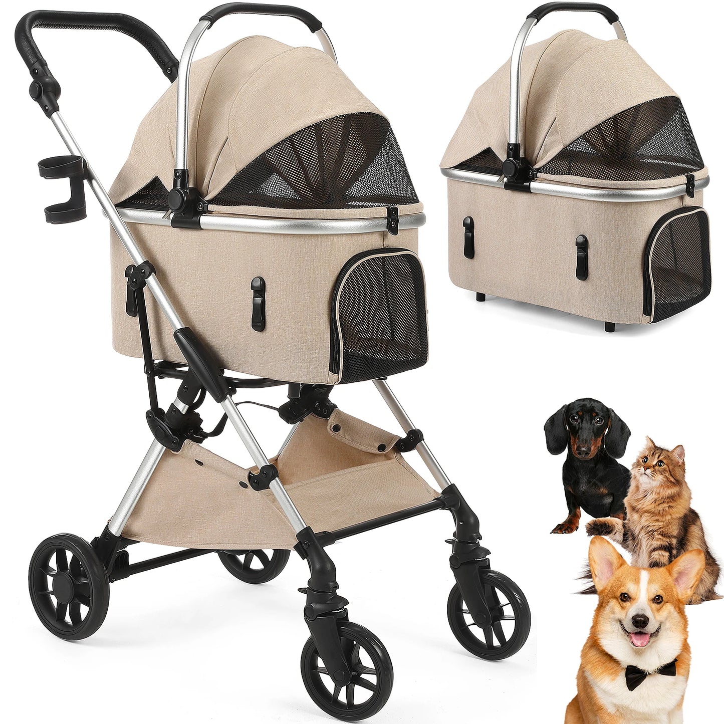 Foldable 4-Wheel Pet Stroller – Portable Dog & Cat Travel Carrier up to 50 lbs with Detachable Storage Bag