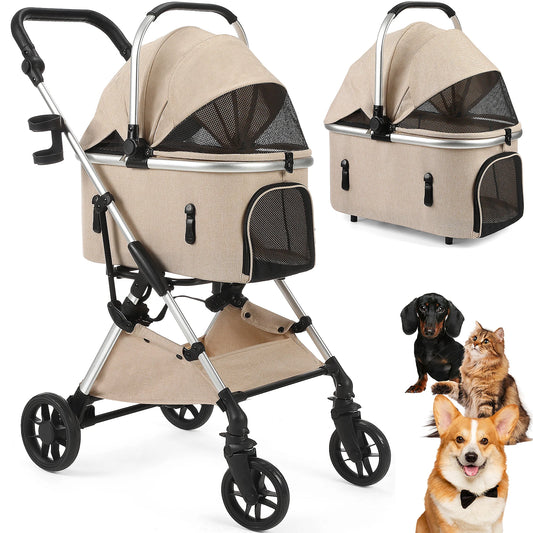 Foldable 4-Wheel Pet Stroller – Portable Dog & Cat Travel Carrier up to 50 lbs with Detachable Storage Bag