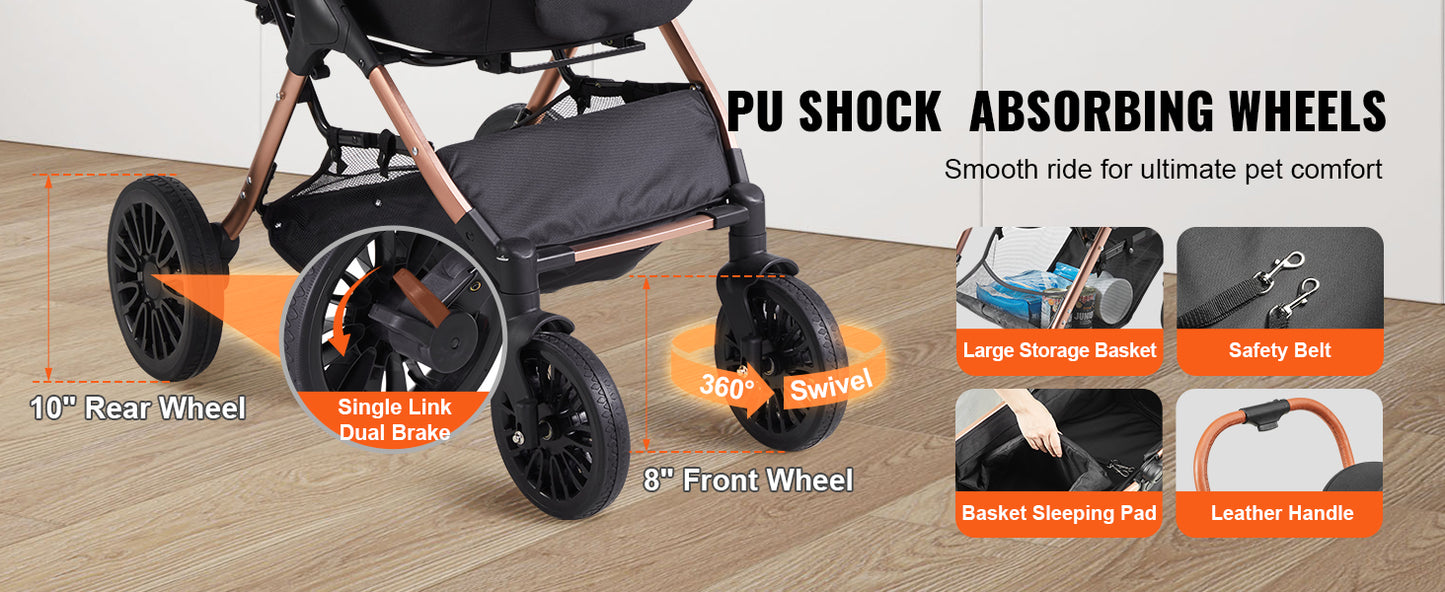 SucceBuy Foldable Pet Stroller – 66 lbs Dog & Puppy Carrier with Brakes and Storage Basket
